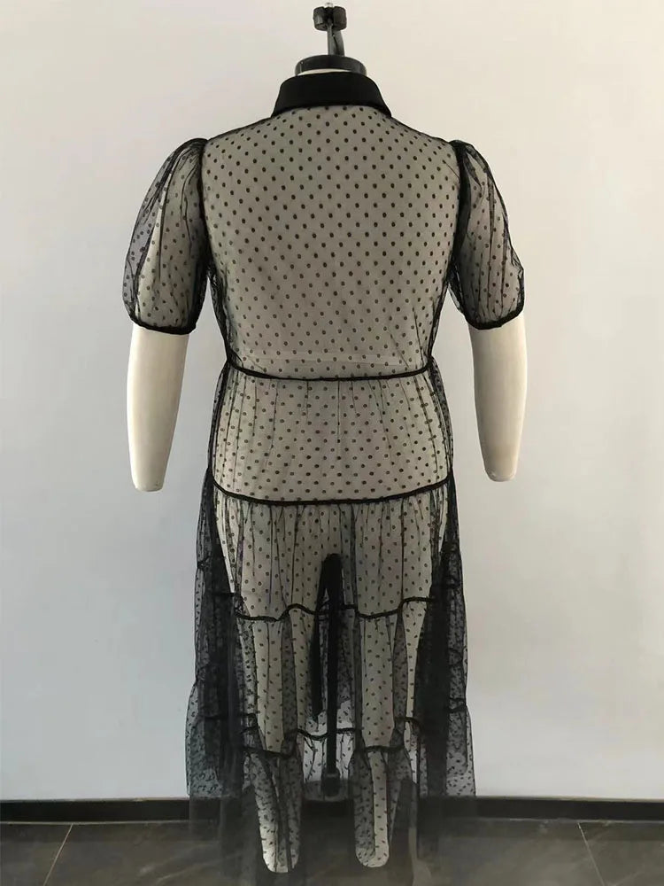 Short Sleeve Summer Mesh Transparent Sexy Black Dress