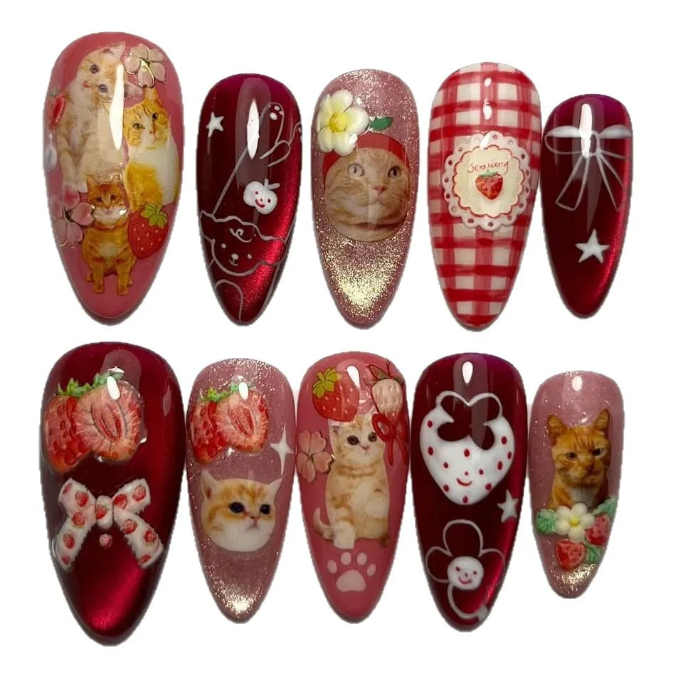 24pcs Strawberry Cat's Eye Press On Nails
