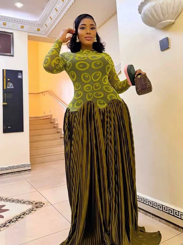 High Waist Long Sleeve Pleated Dress