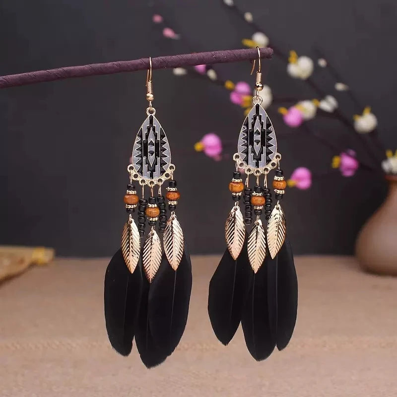 Boho Long Feather Dangle Earrings