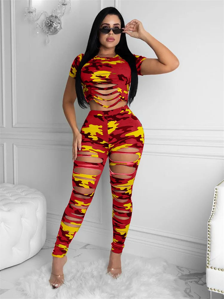 Two Piece Ripped Camouflage Print Pant Sets