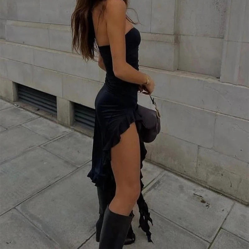 Strapless Floral Fold Hemline High Slit Mini Dress