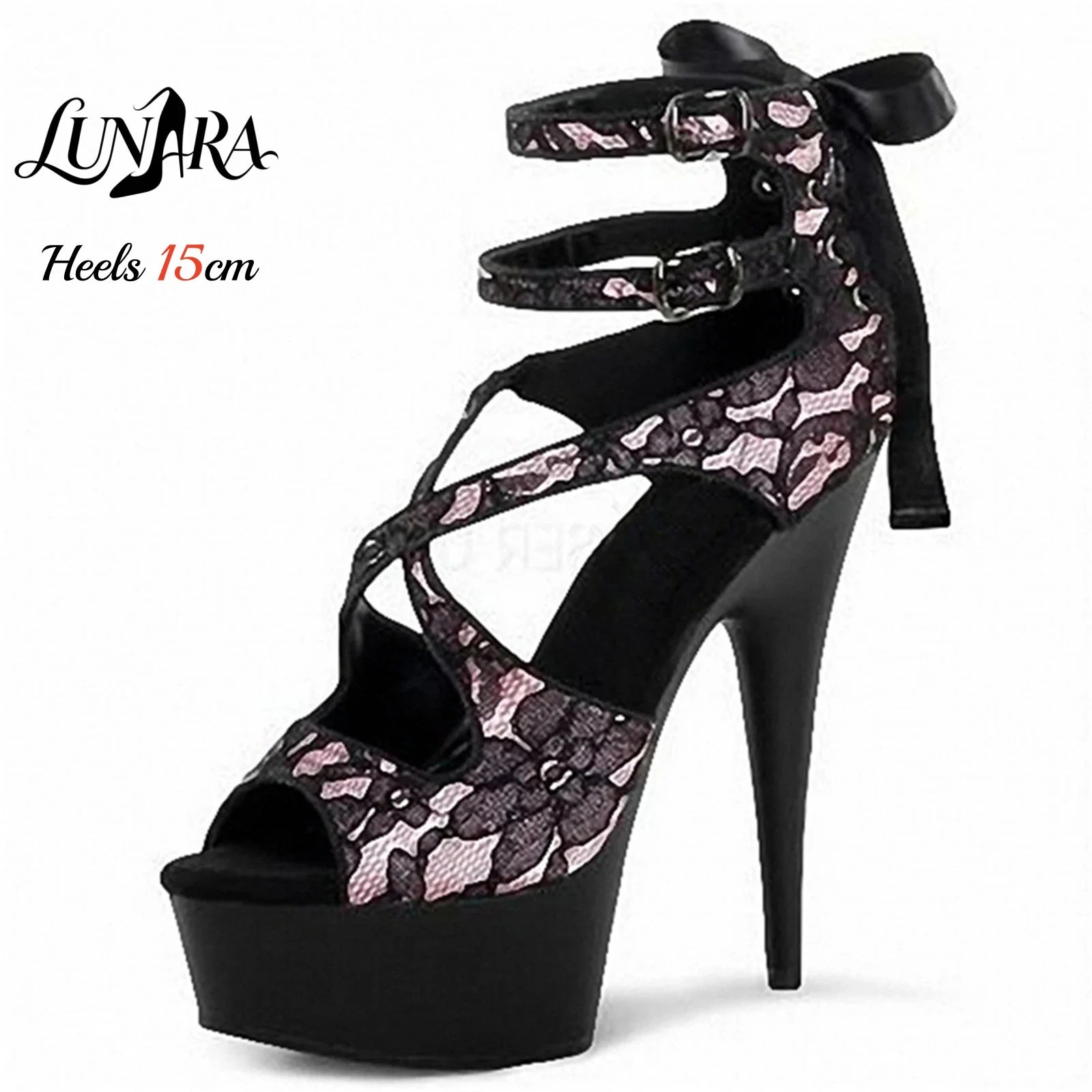Black Red Lace Ankle Strap Buckle Open Toe Platform High Heel