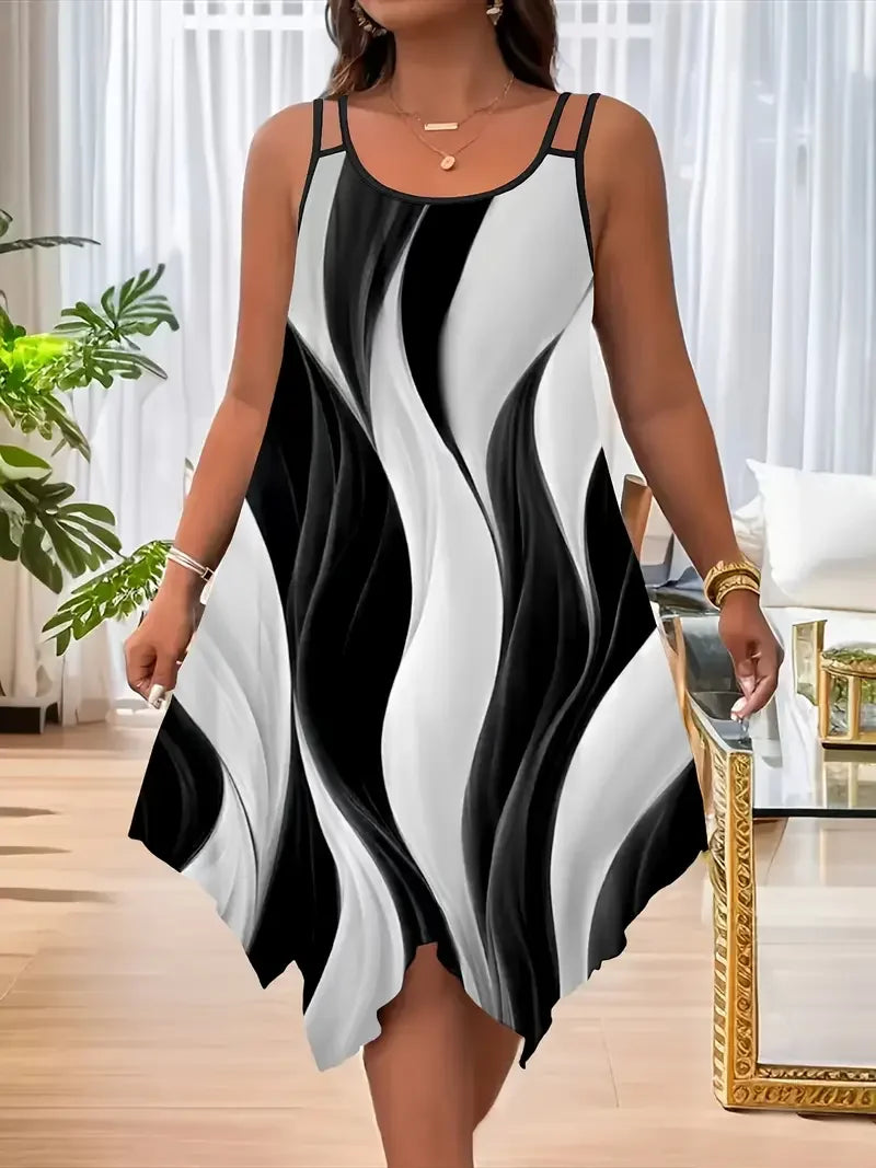 Plus-size Asymmetrical Geometric Stripe Dress