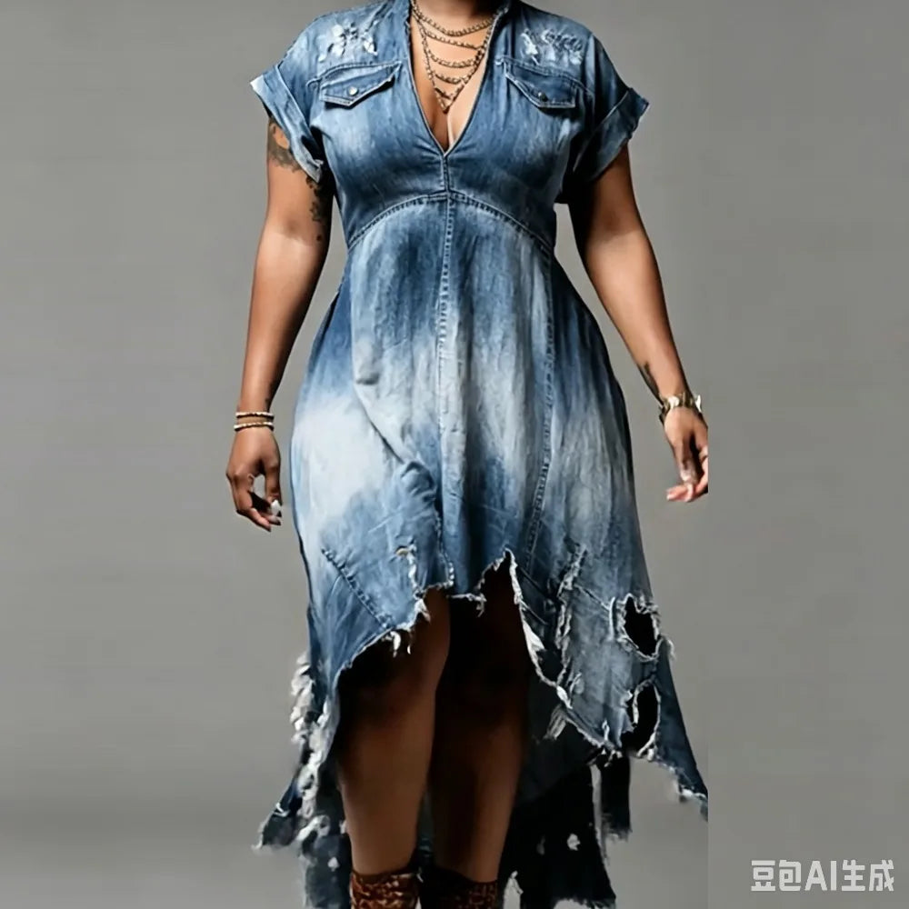 Plus Size Distressed Denim Maxi Dress V-Neck Short Sleeve High Low Hem Ripped Jean Dress