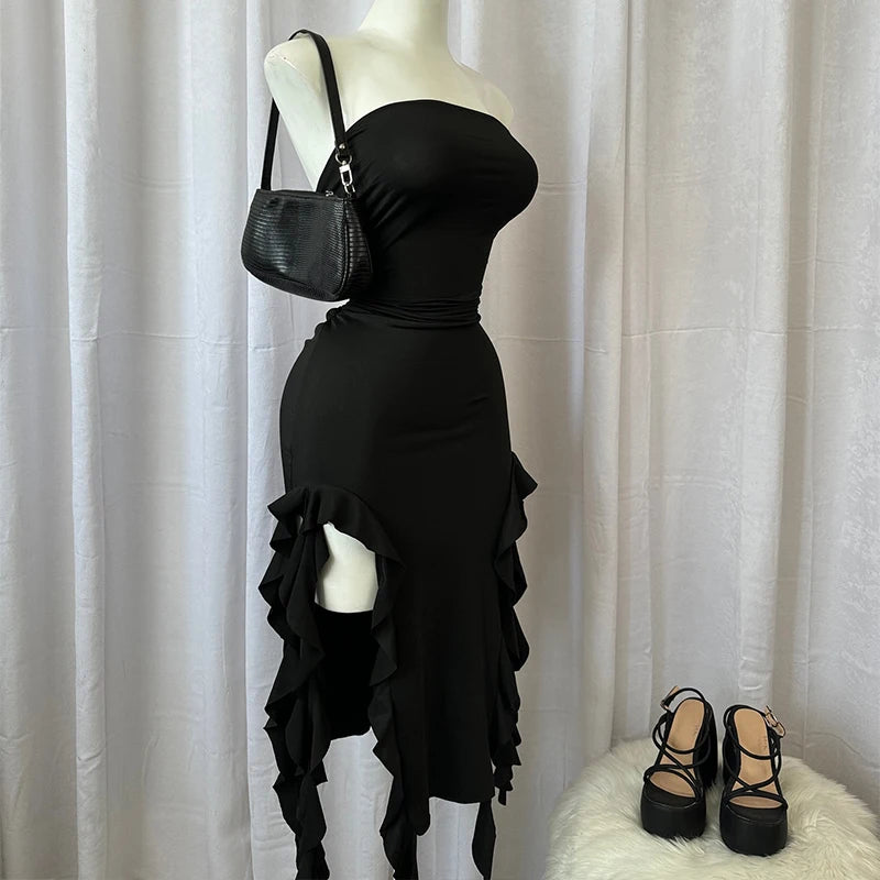 Strapless Floral Fold Hemline High Slit Mini Dress