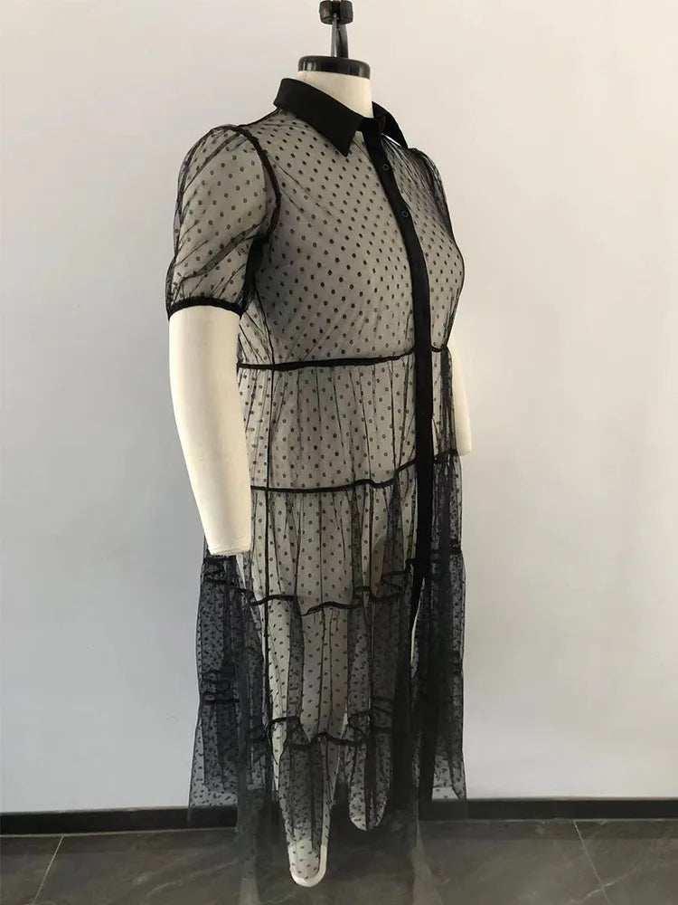 Short Sleeve Summer Mesh Transparent Sexy Black Dress