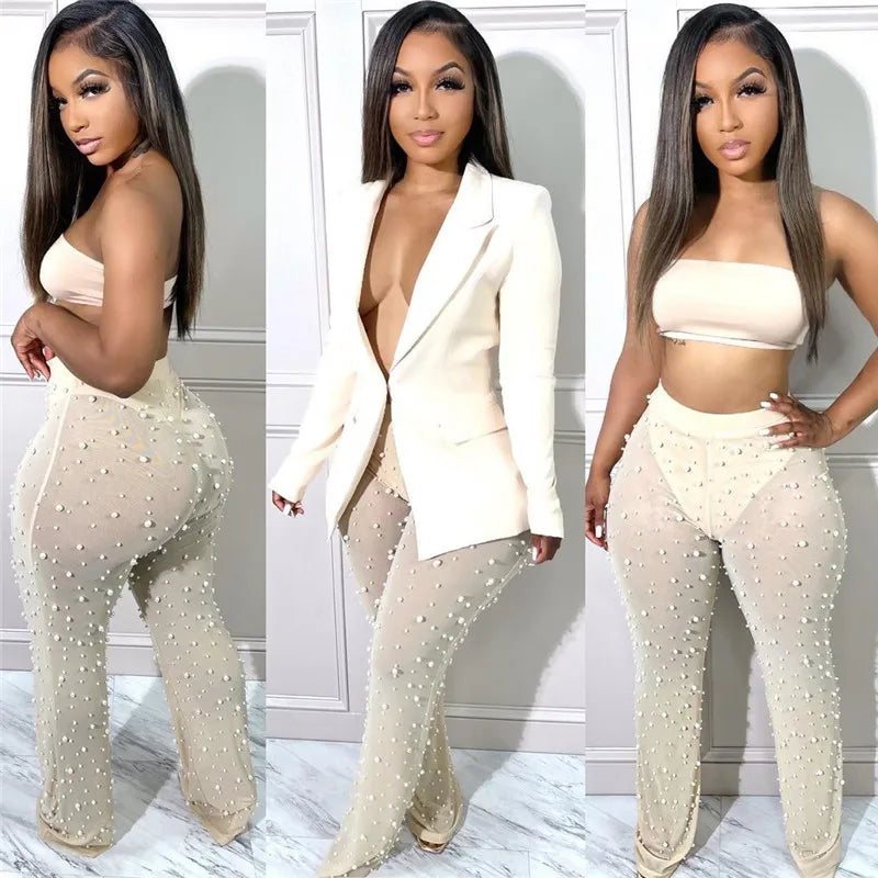 Sexy Two Piece Single Button Blazer Coat Pearl Mesh Sheer Pant Suit