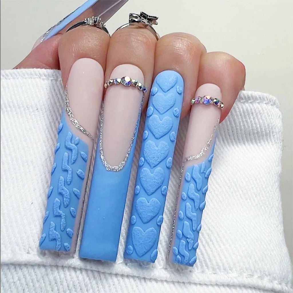 24Pc Long Ballet False Nails Pink Butterfly with Rhinestones French Design