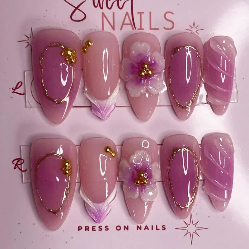 24Pcs Mid-length Gilded Almond Nails Set Press on Nails