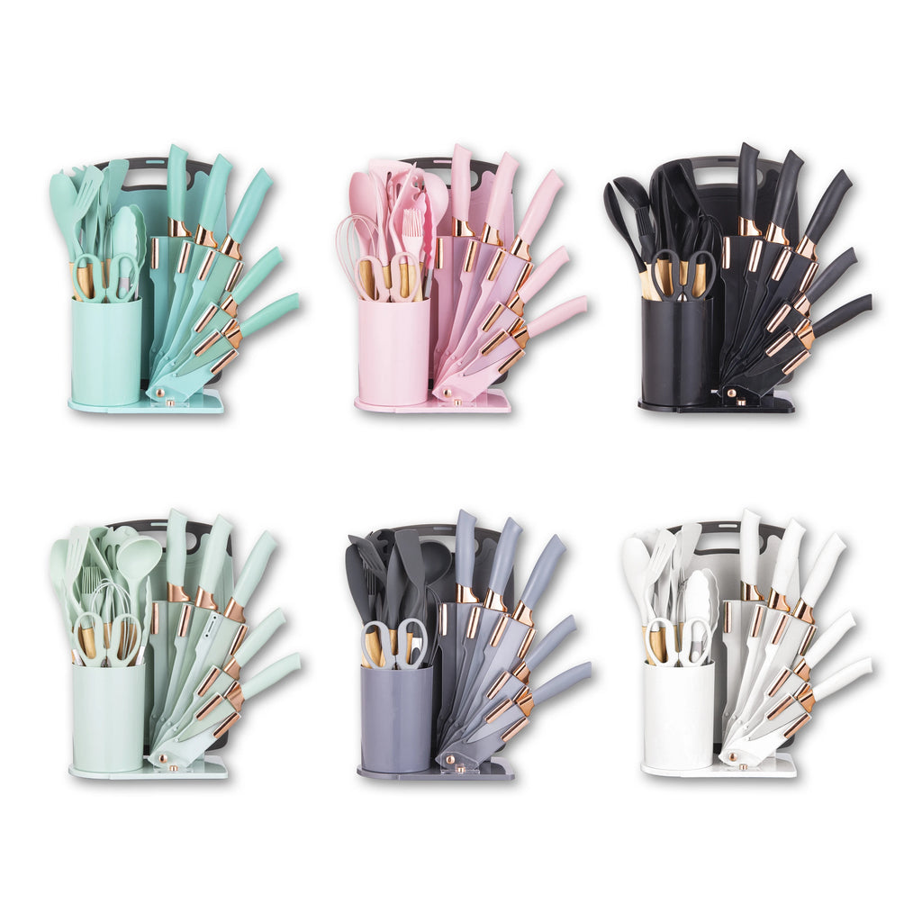 19Pc Professional Kitchen Knife Set with Silicone Cooking Utensils & Cutting Board