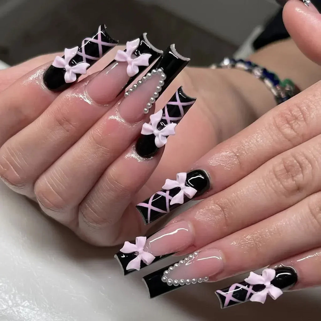 24Pc Long Ballet False Nails Pink Butterfly with Rhinestones French Design
