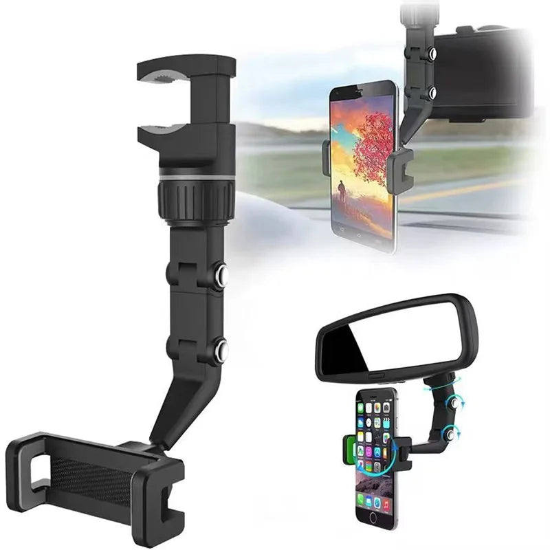 Rearview Mirror Phone Holder 360° Rotatable and Retractable Car Phone Mount