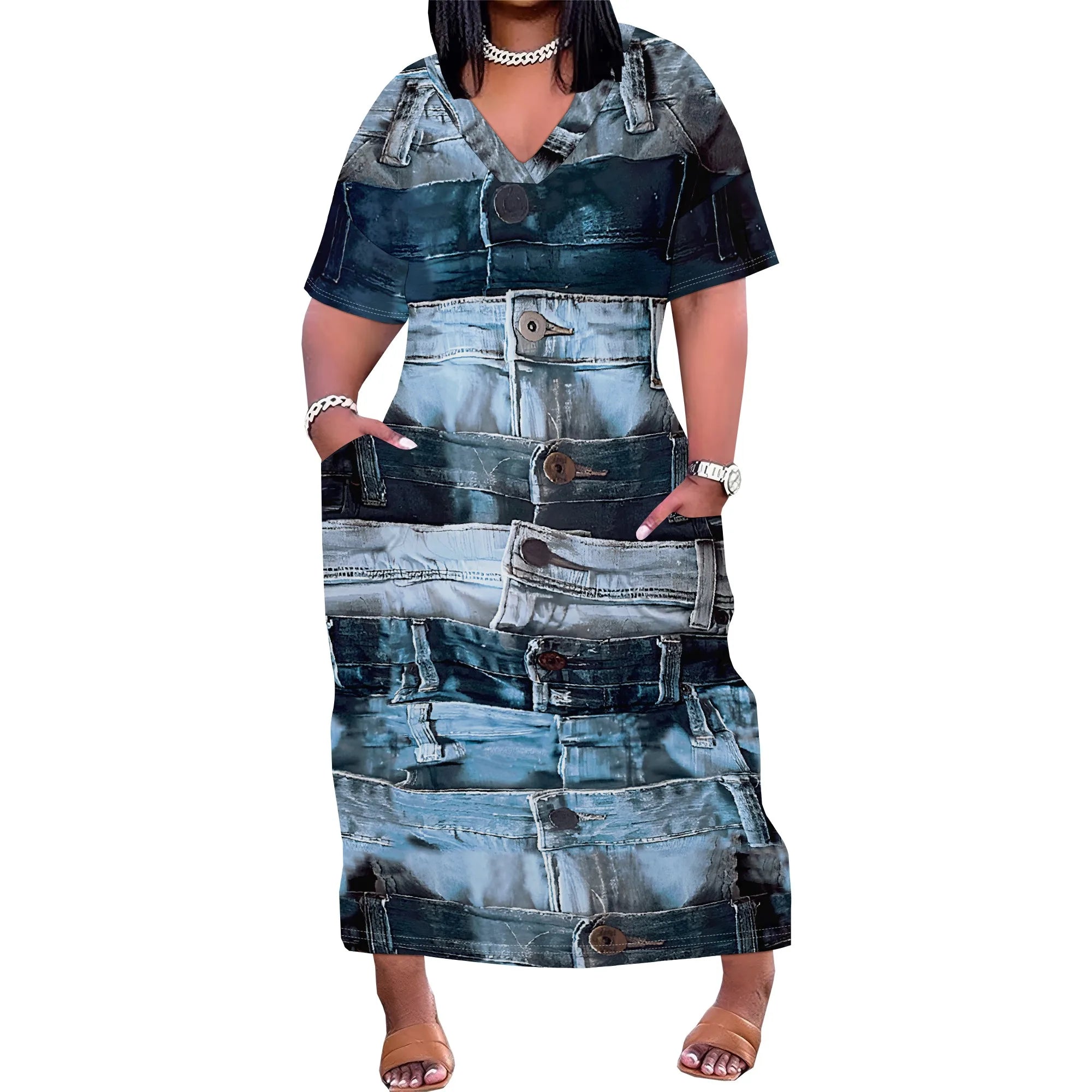 Plus Size Denim 3D Print Maxi Dress