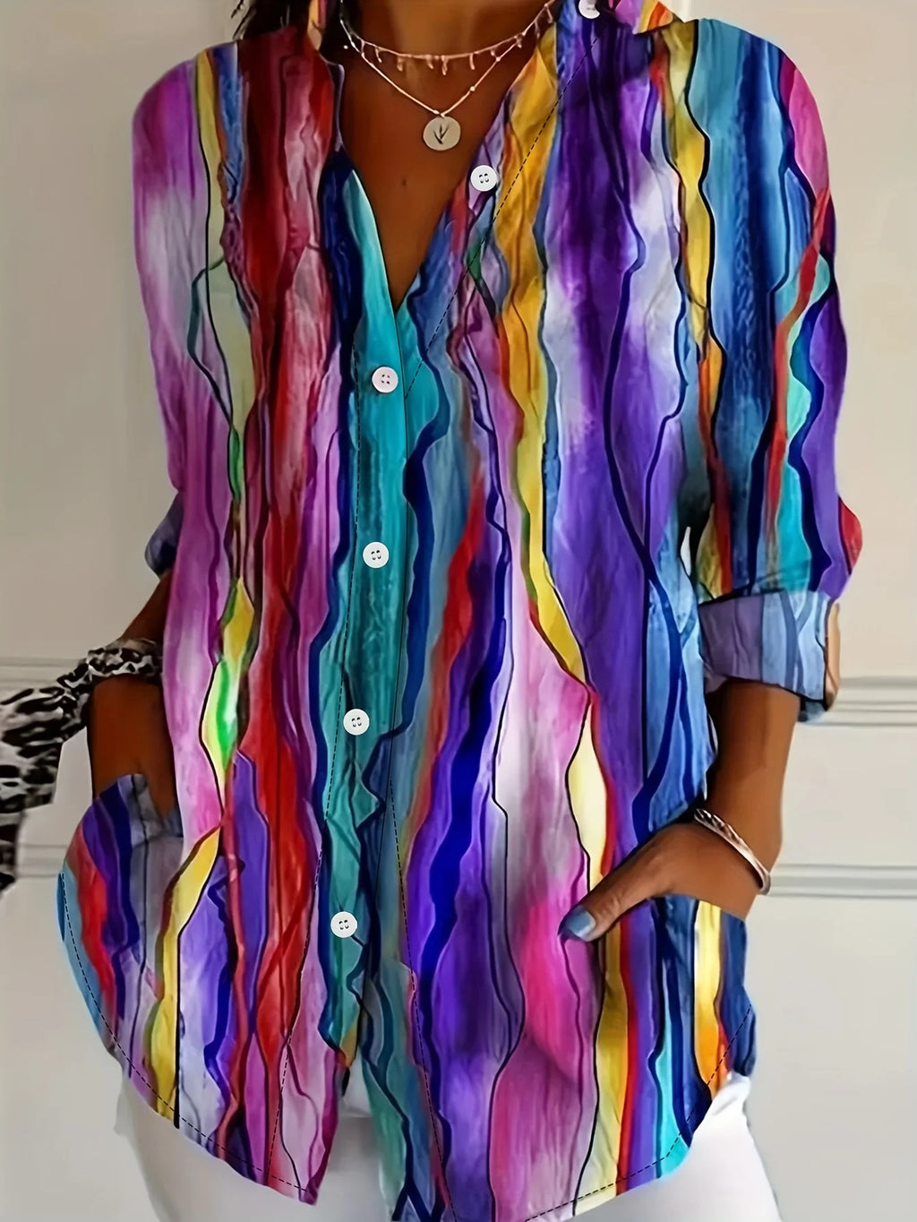 Plus Size Women's Colorful Tie Dye Print Button Down Shirt