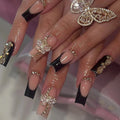 24Pcs Medium Square 3D Alloy Butterfly With Rhinestone Design Black French Tip Press On Nails