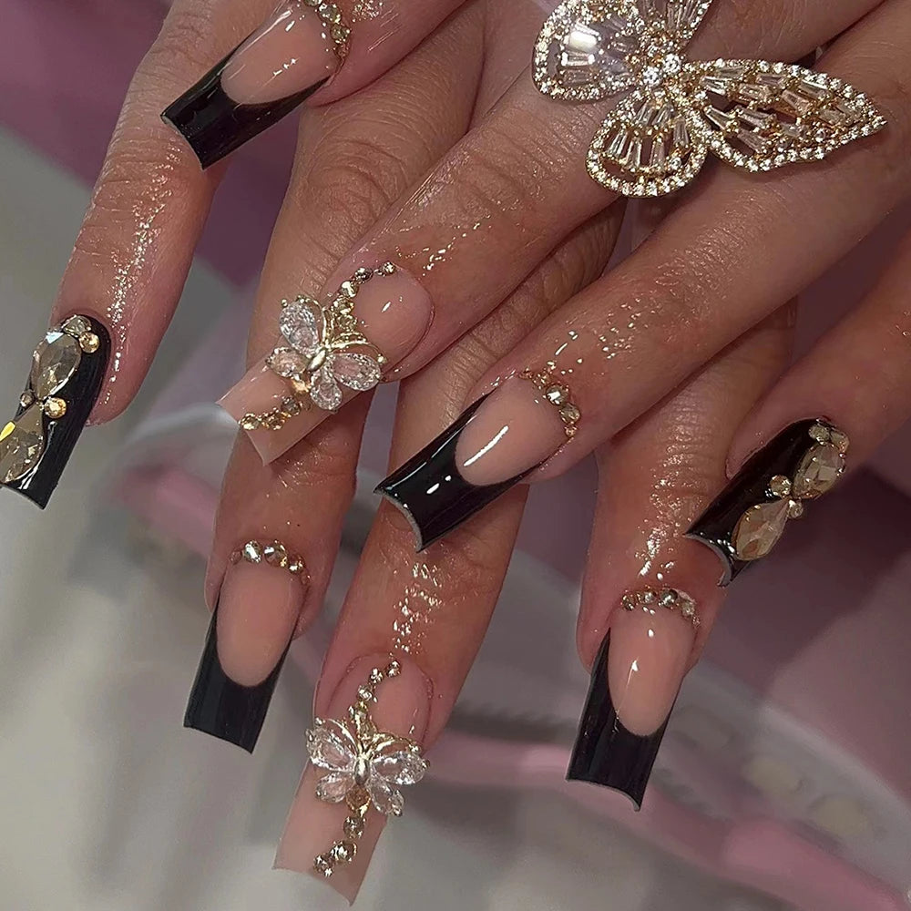 24Pcs Medium Square 3D Alloy Butterfly With Rhinestone Design Black French Tip Press On Nails