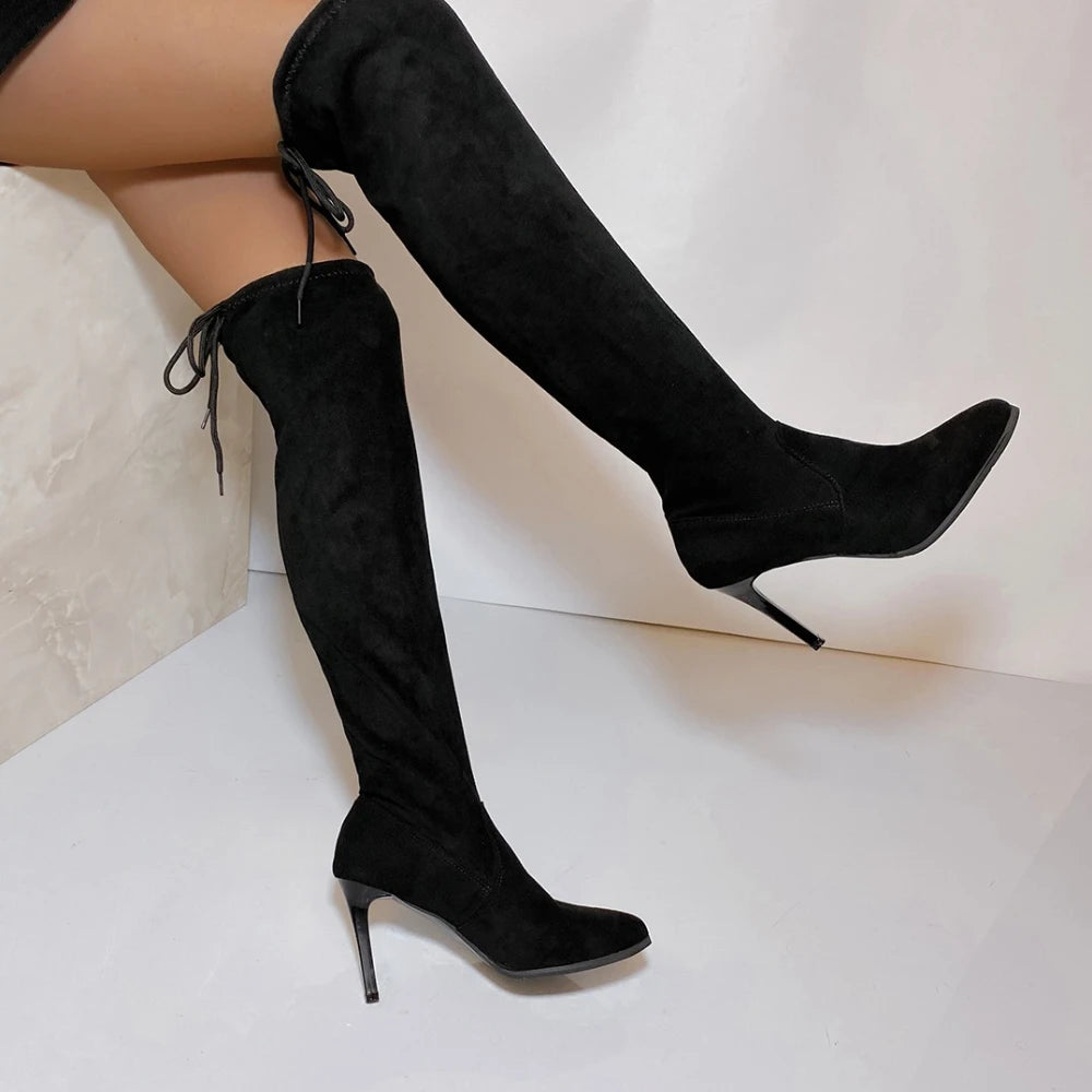 Suede Over The Knee Lace Up High Heels Boots