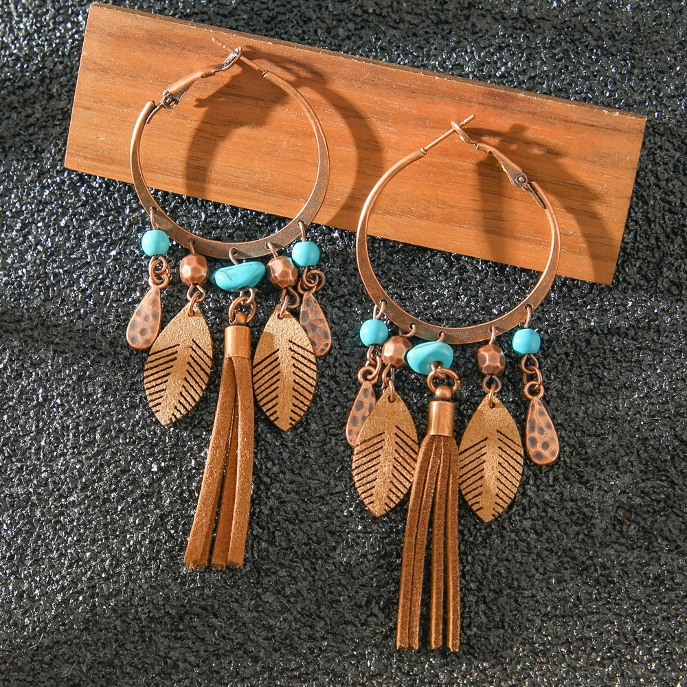 Vintage Boho Long Hook Tassel Leaves Earrings