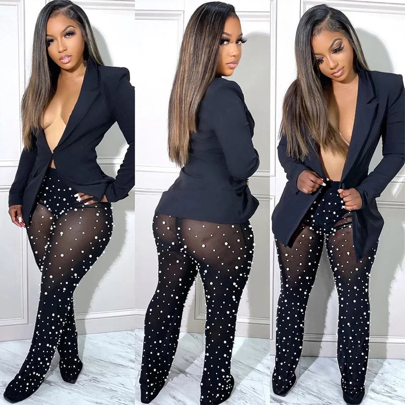 Sexy Two Piece Single Button Blazer Coat Pearl Mesh Sheer Pant Suit