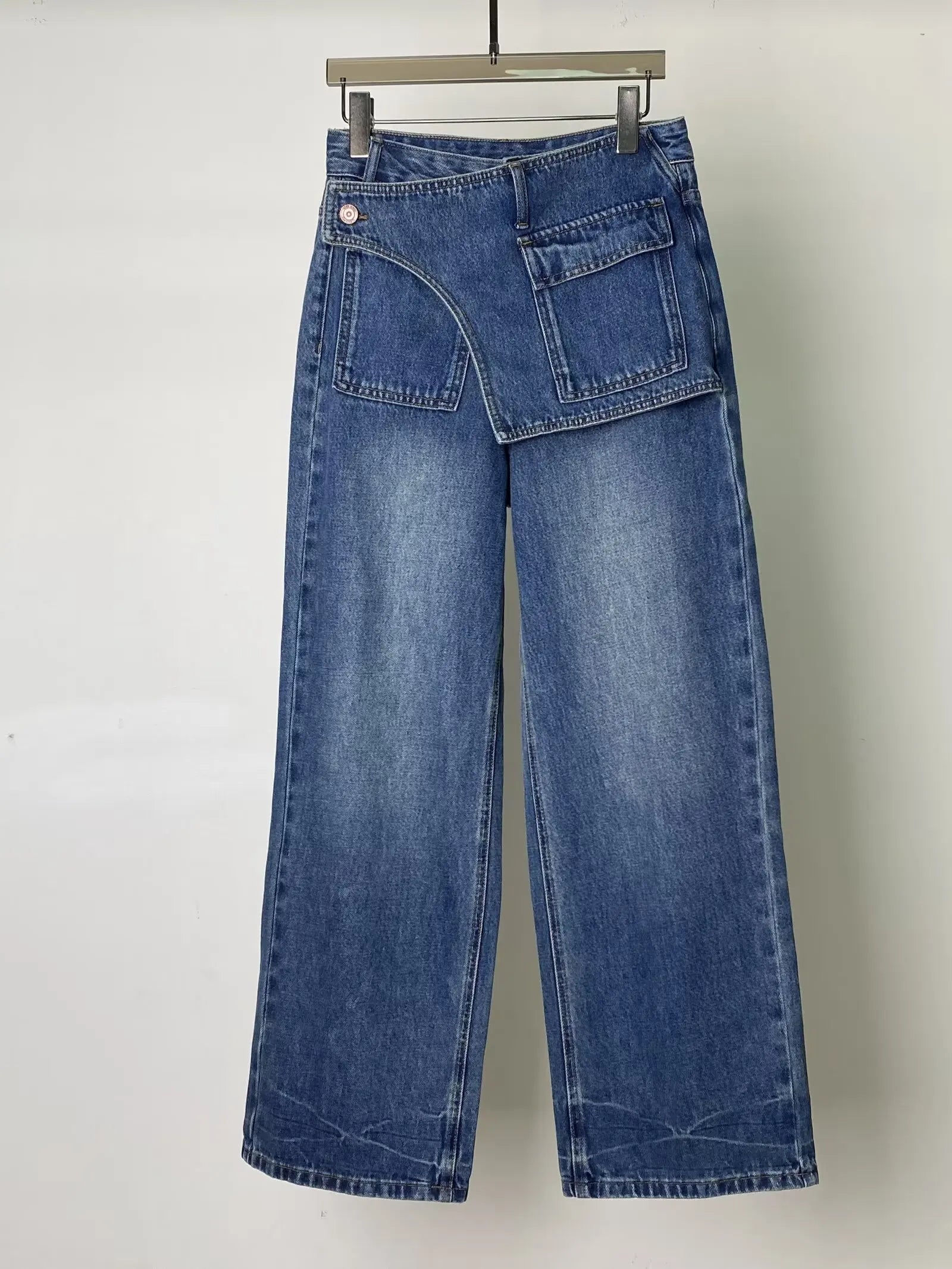 Women's Vintage Washed High Waist Irregular Loose Wide Leg  Denim Pants