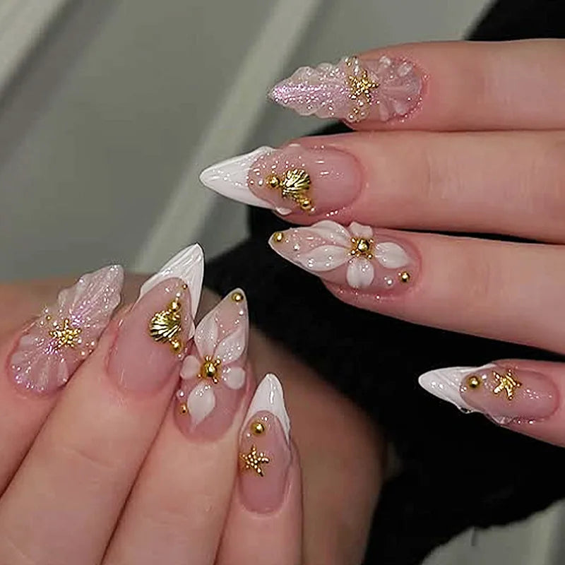 24Pcs Mid-length Gilded Almond Nails Set Press on Nails