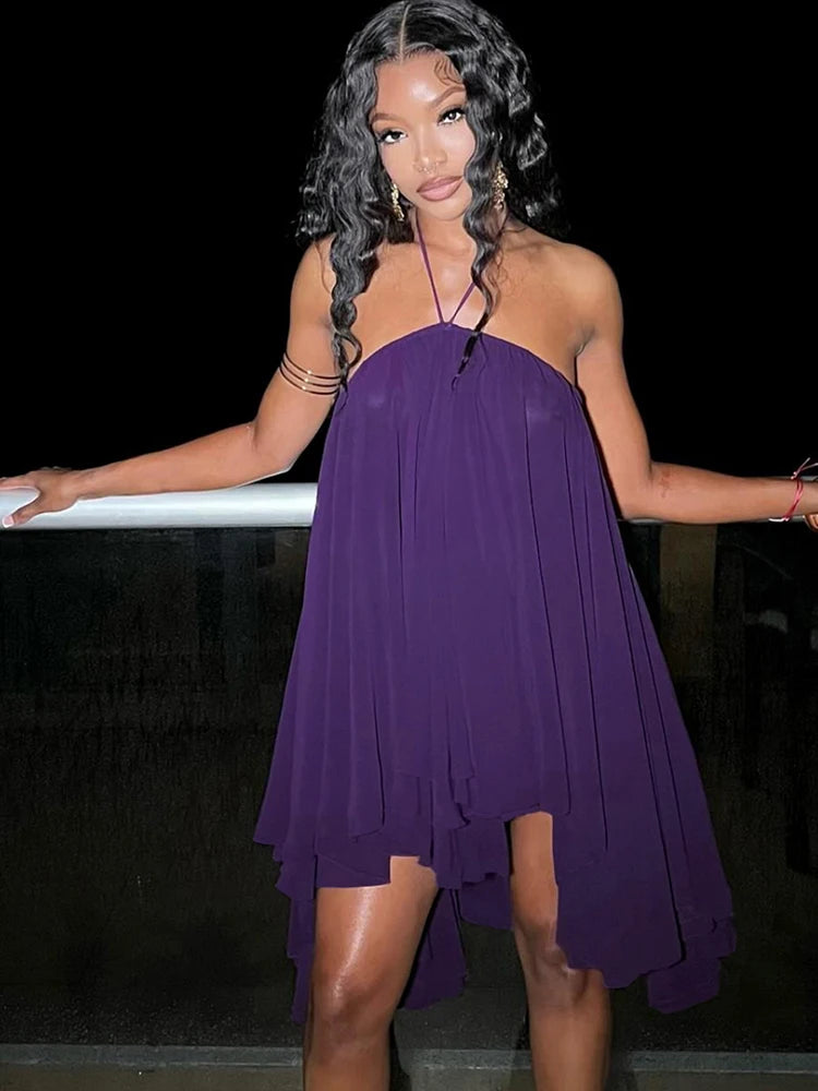 Lace-Up Halter Off Shoulder Backless Irregular Hem Dress