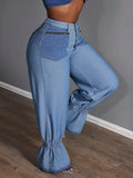 Plus Size Women Loose Versatile Denim Jeans With Zipper Pockets And Ruffle Hem