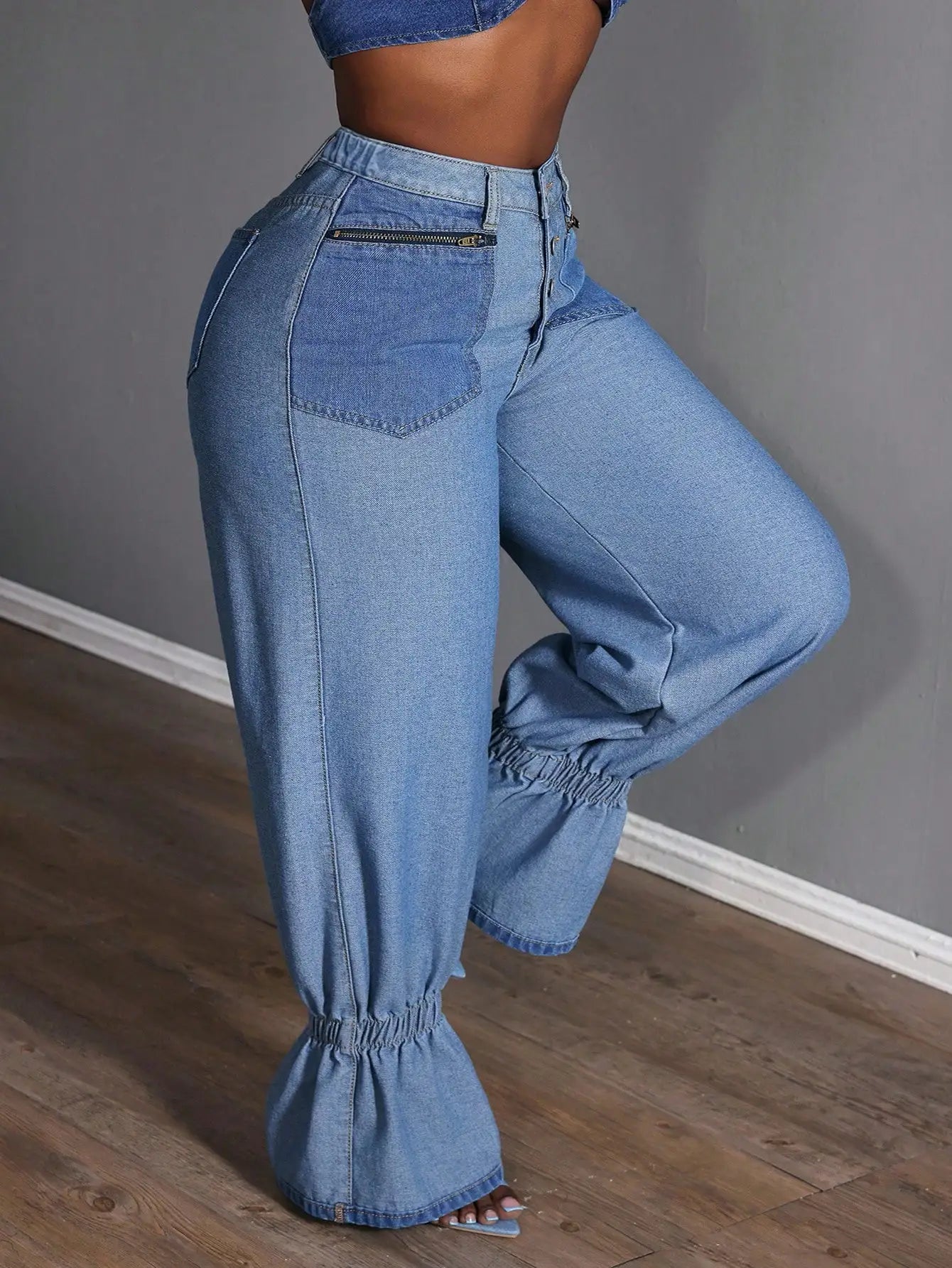 Plus Size Women Loose Versatile Denim Jeans With Zipper Pockets And Ruffle Hem
