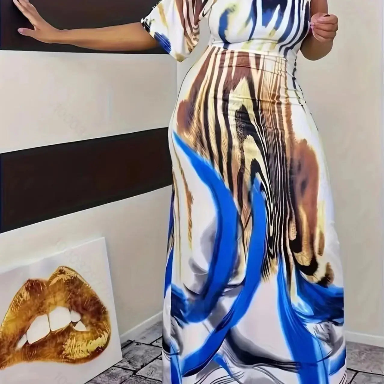 Plus Size Printed Single Sleeved Off Shoulder Dress