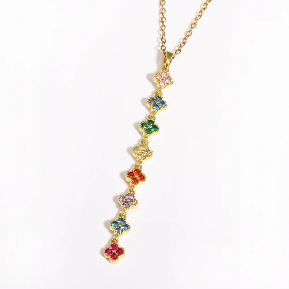 Stainless Steel Y-shaped Long Tassel Four-Leaf Flower Necklace