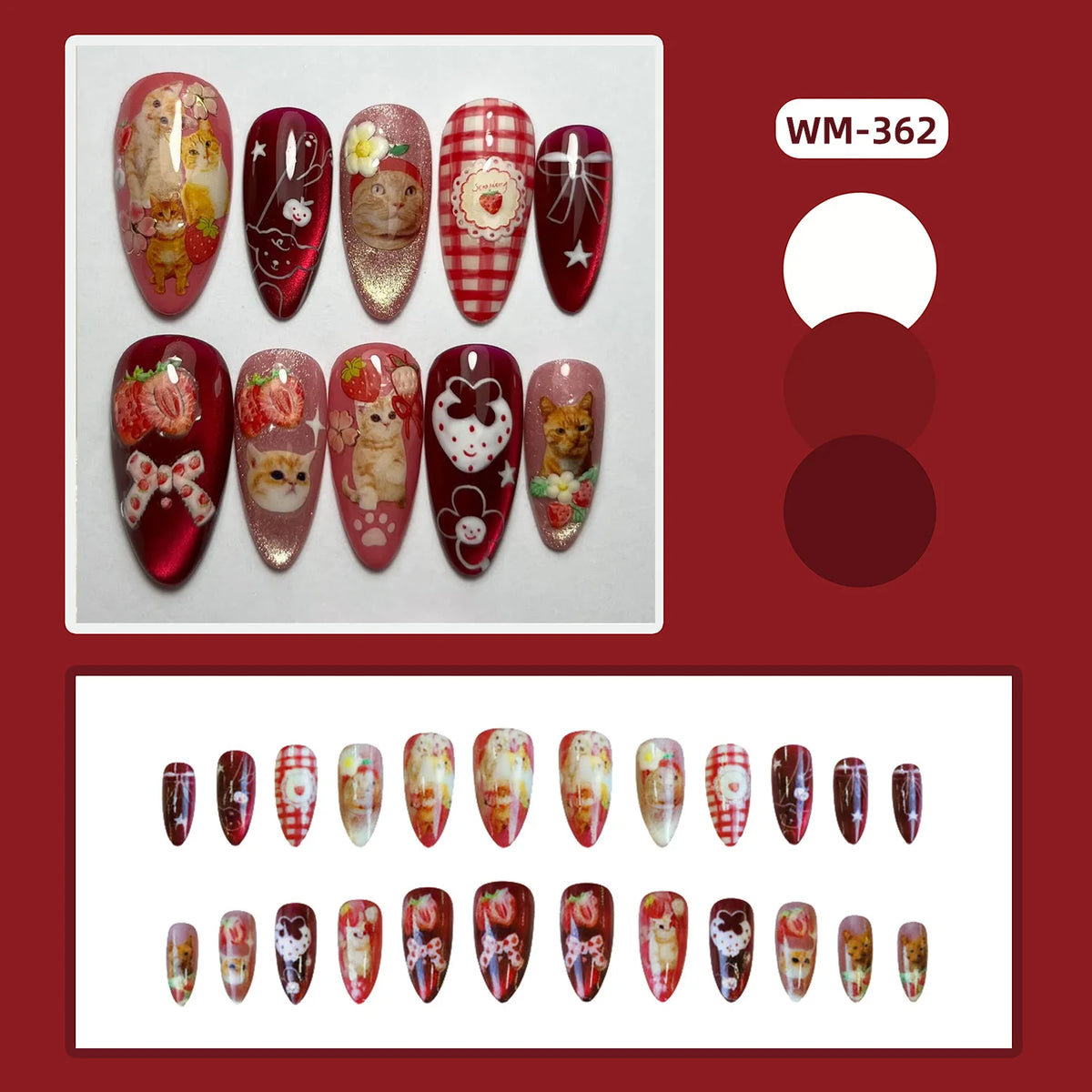24pcs Strawberry Cat's Eye Press On Nails