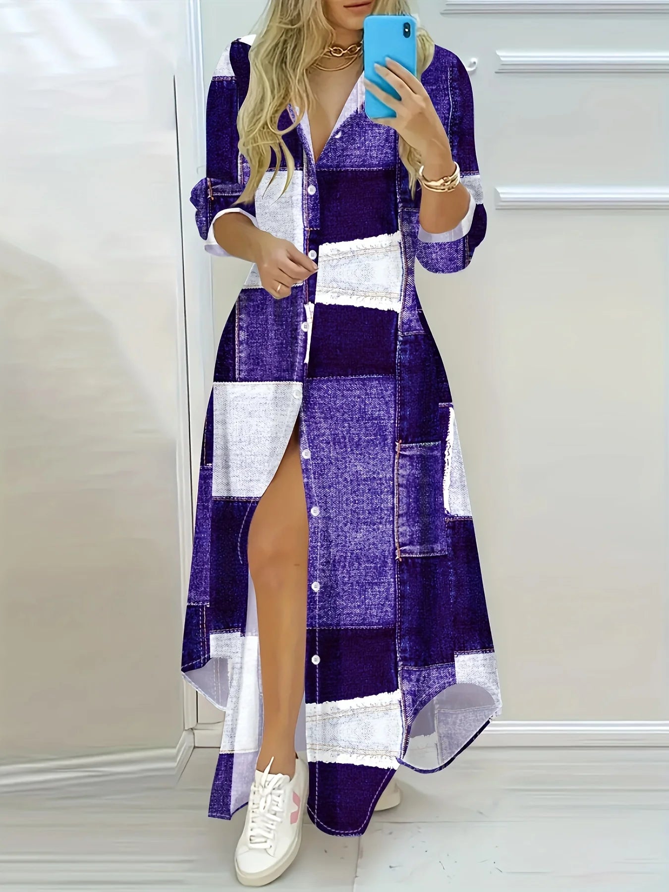 Purple Denim Print Long Sleeve Dress