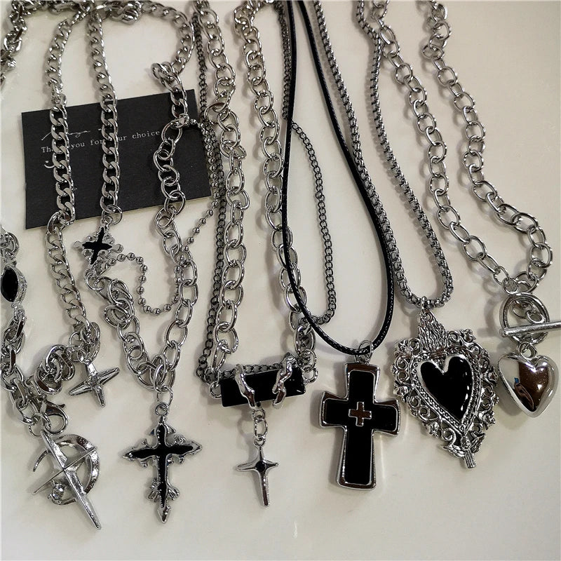 Punk Rock Goth Black Heart Cross Pendant Chain Necklace