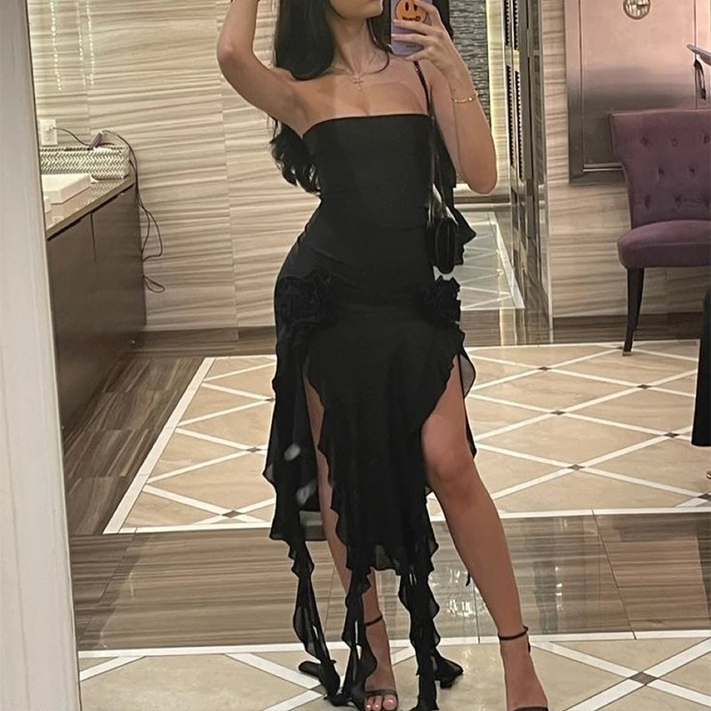 Strapless Floral Fold Hemline High Slit Mini Dress