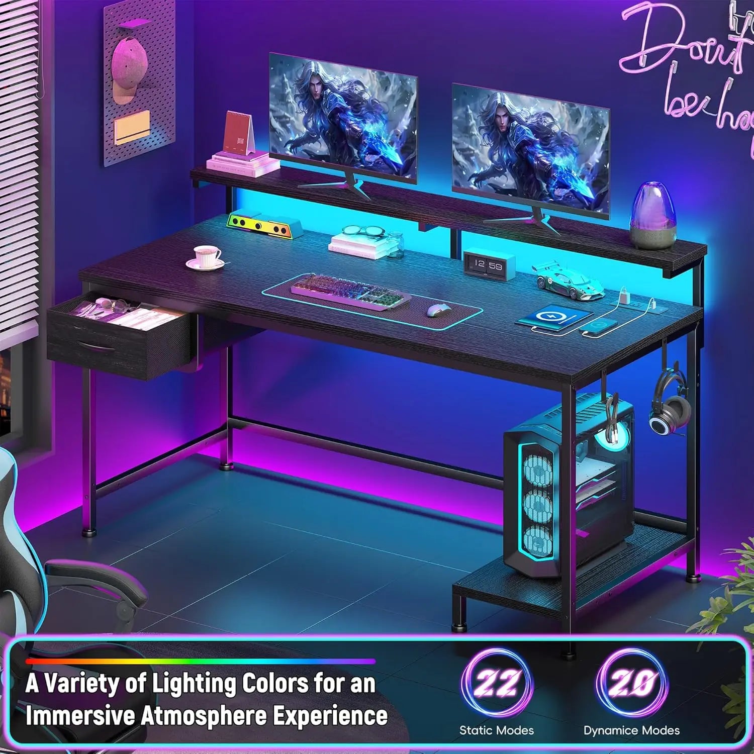 39.3" Gaming Desk with Power Outlet and LED Lights