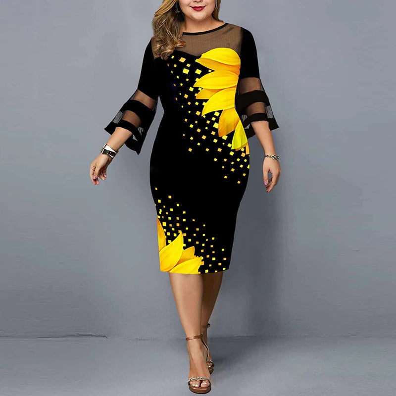 Plus Size Mesh Vintage Floral Printed Elegant Ladies Party Dresses
