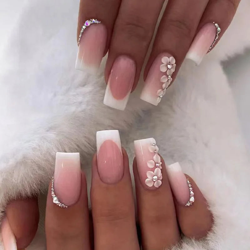 24pc Press on Nails Flower Design Mid-length Ballet