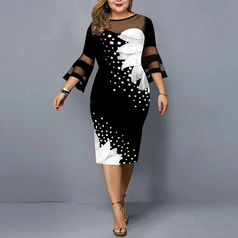 Plus Size Mesh Vintage Floral Printed Elegant Ladies Party Dresses