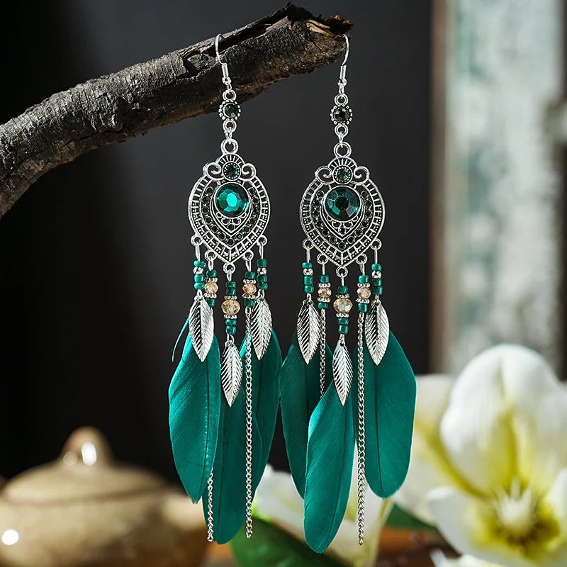 Boho Feather Long Leaf Tassel Drop Earrings