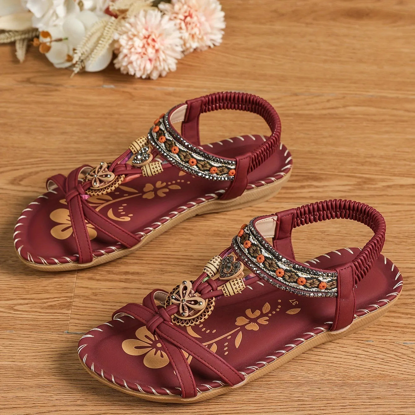 Women Bohemian Flower Rubber Retro Hollow Sandals