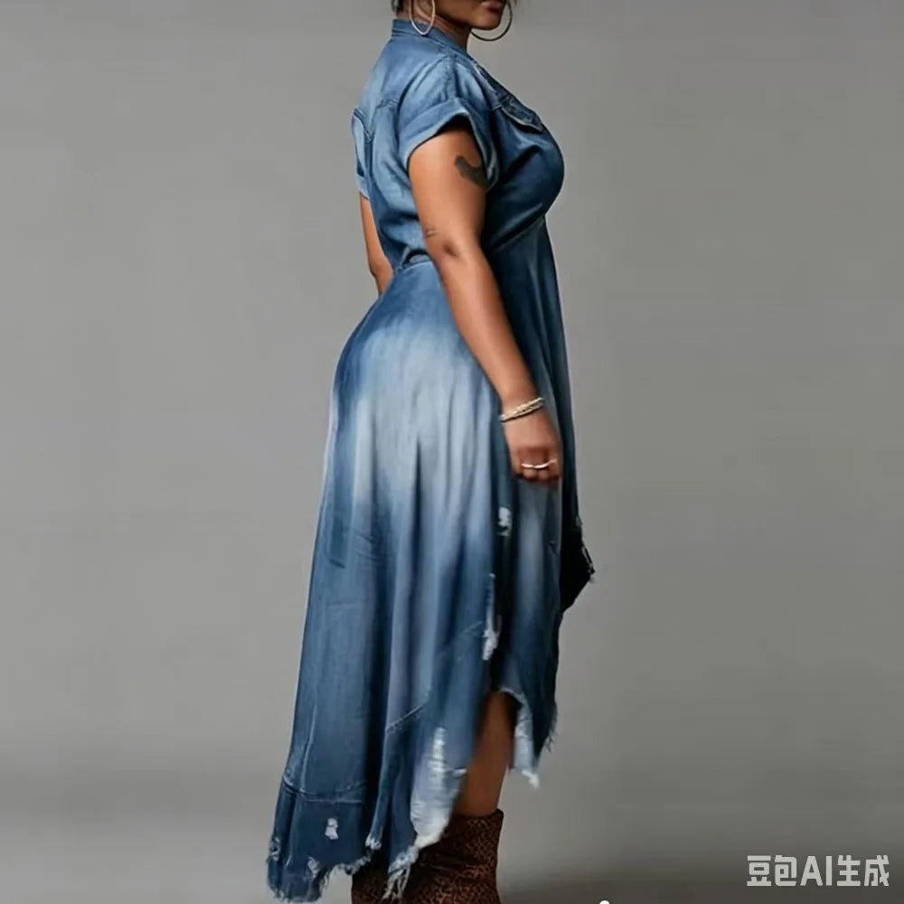 Plus Size Distressed Denim Maxi Dress V-Neck Short Sleeve High Low Hem Ripped Jean Dress