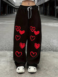Black Red Heart & love Print Drawstring Pants