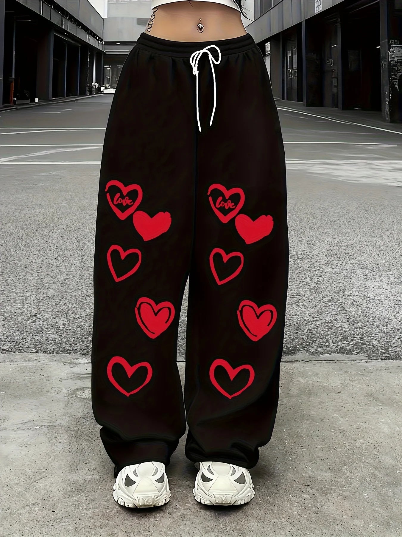 Black Red Heart & love Print Drawstring Pants