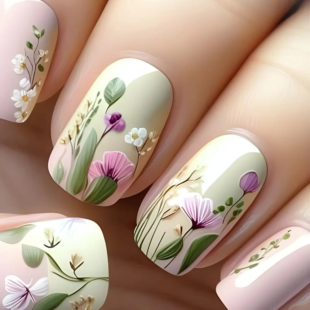 24pc Press on Nails Flower Design Mid-length Ballet