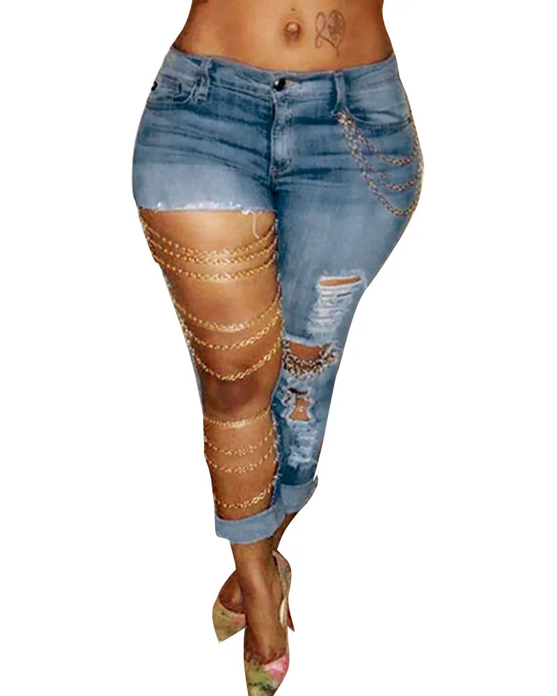 Women Pencil Denim Big Holes Chain Pants
