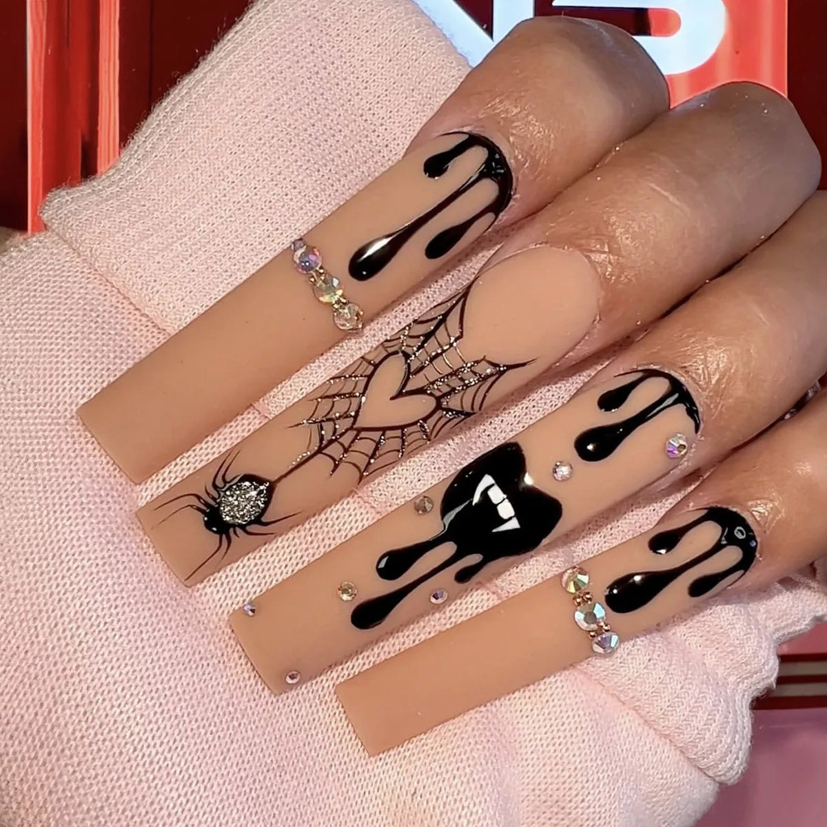 Scary Blood Skull Long Coffin Ballet Halloween Press on Nails