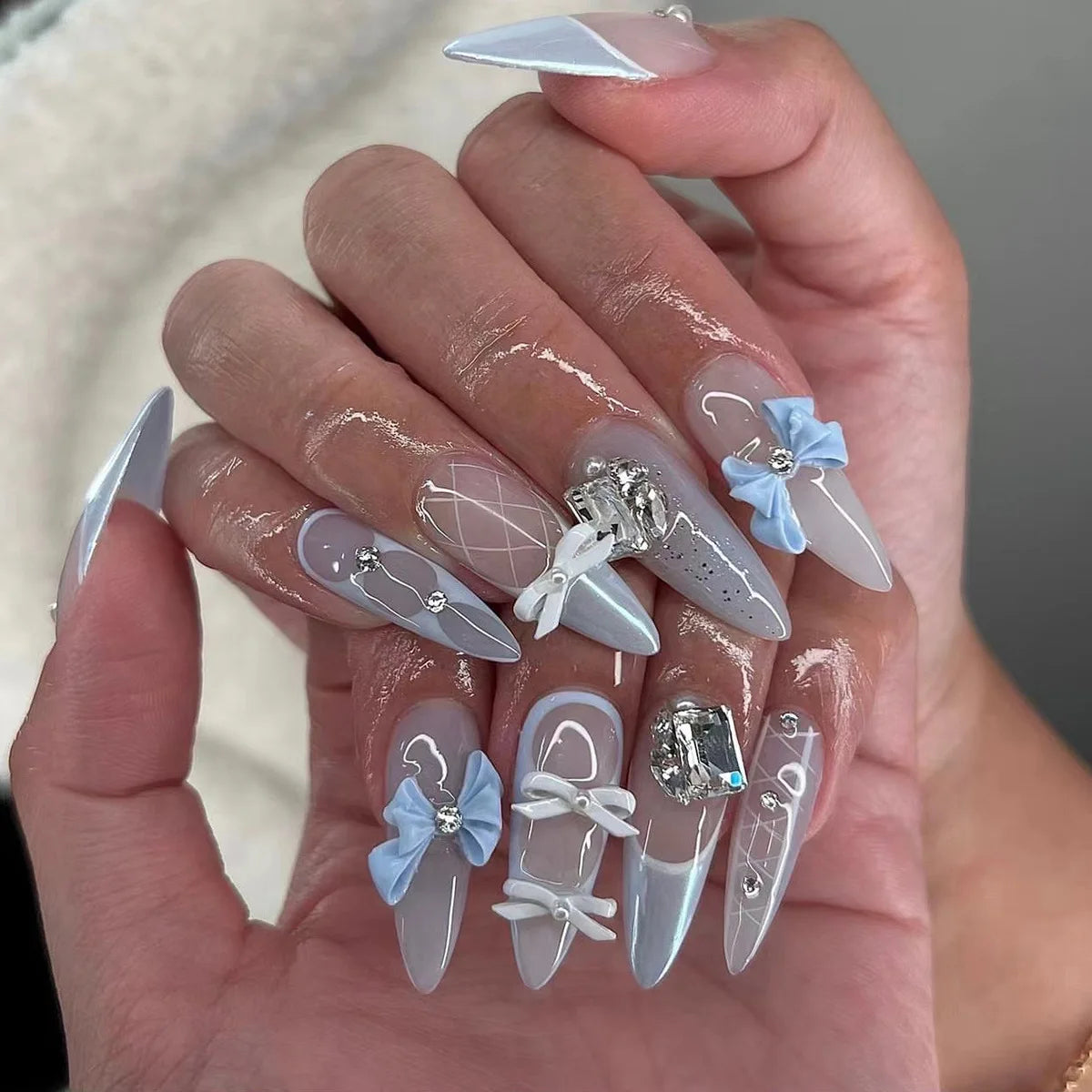 24Pc Black Butterfly Diamond Halloween Long Almond Press on Nails Tips