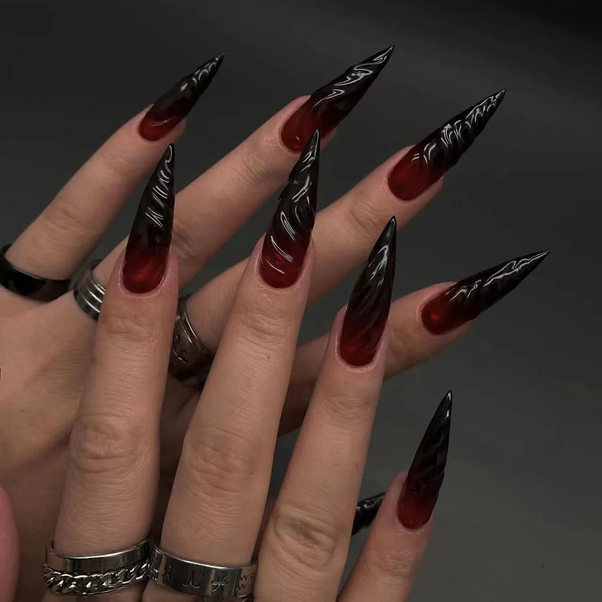 24Pc Black Butterfly Diamond Halloween Long Almond Press on Nails Tips