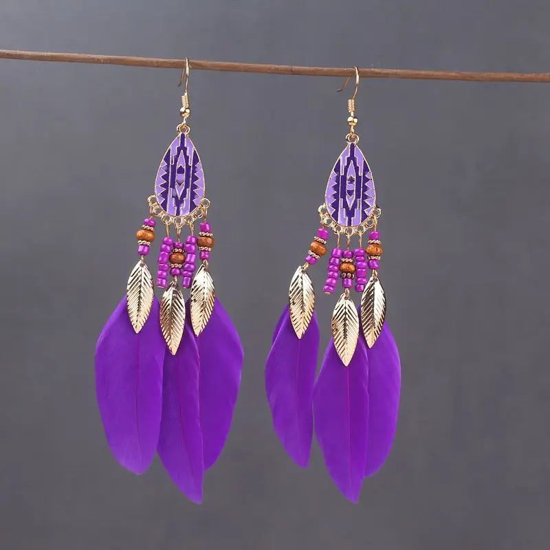 Boho Long Feather Dangle Earrings